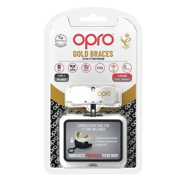 Капа OPRO Gold для взрослых (возраст от 11 лет) White/Gold Капа OPRO Gold Braces ultra fit mouthguard WhiteGold 10+ фото